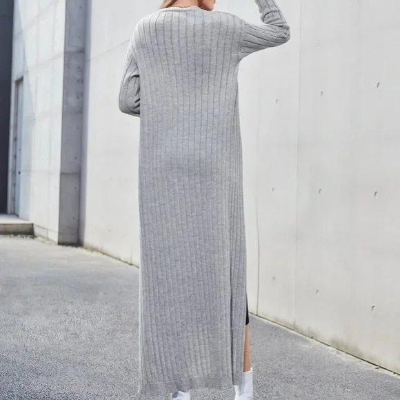 Light Grey Rib Knit Long Cardigan in M - Picture 3 of 5